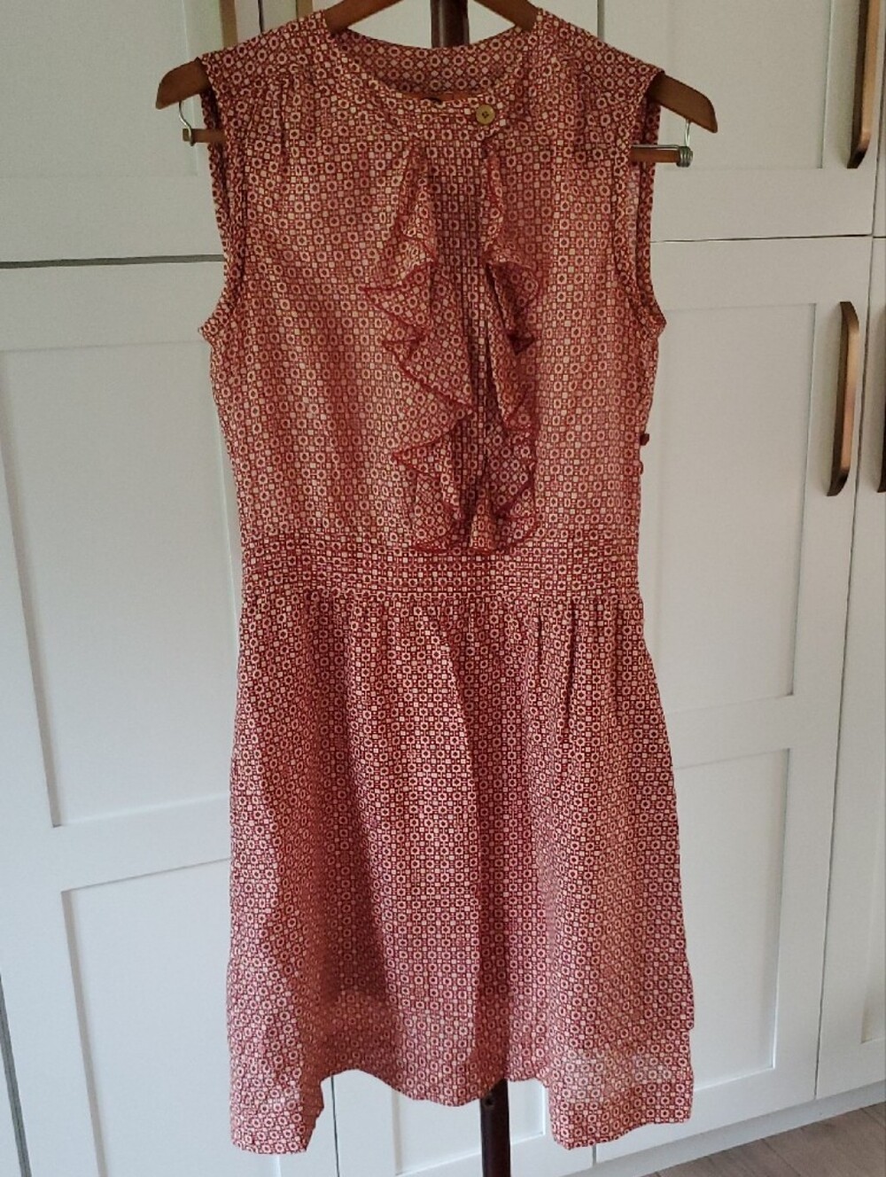 Tory Burch Darilynn Dress Womens 8 Silk Sleeveless Coral Geo Ruffle